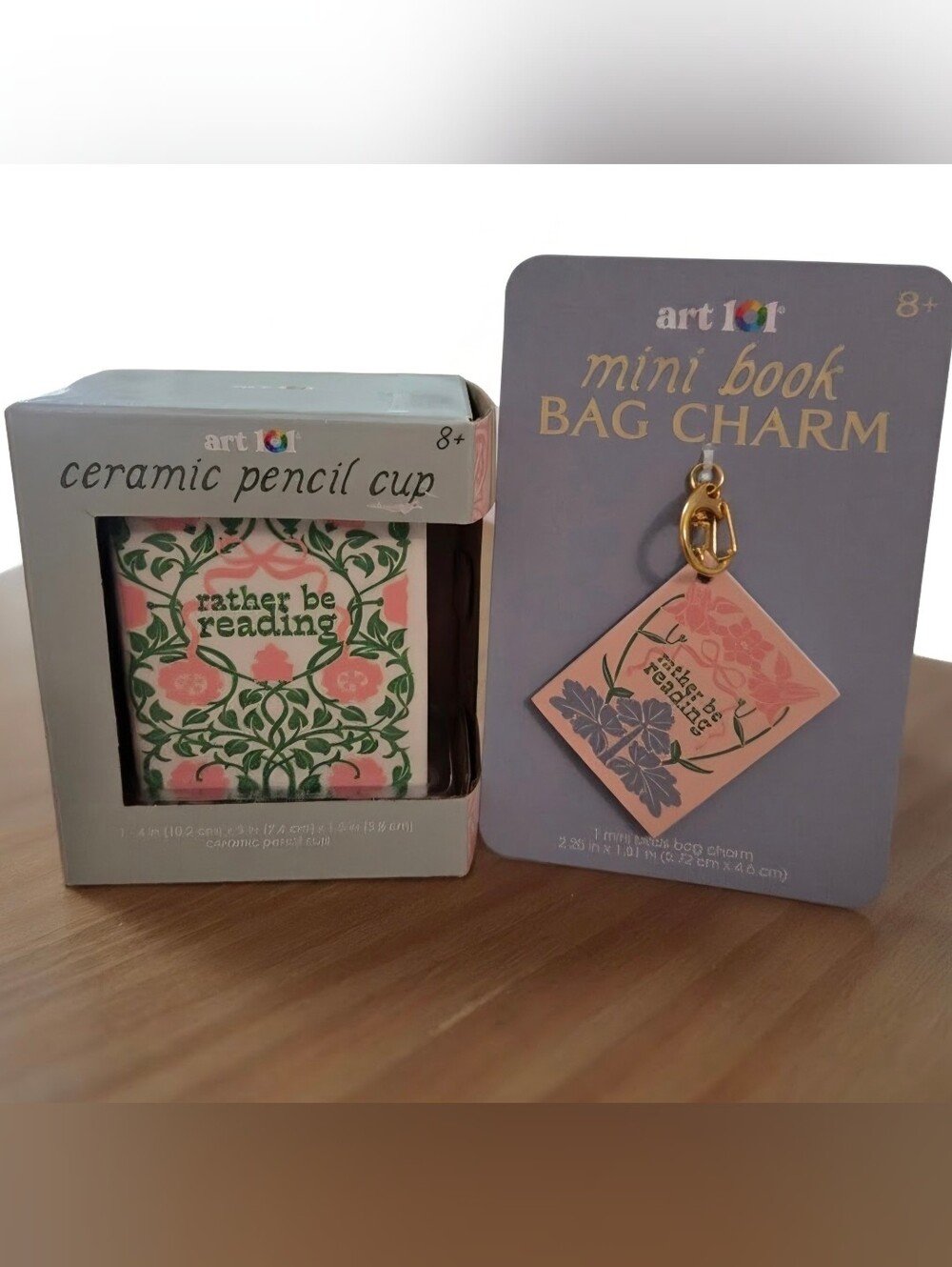 Pink Floral Ceramic Pencil Cup & Mini Book Bag Charm Set From Art 101